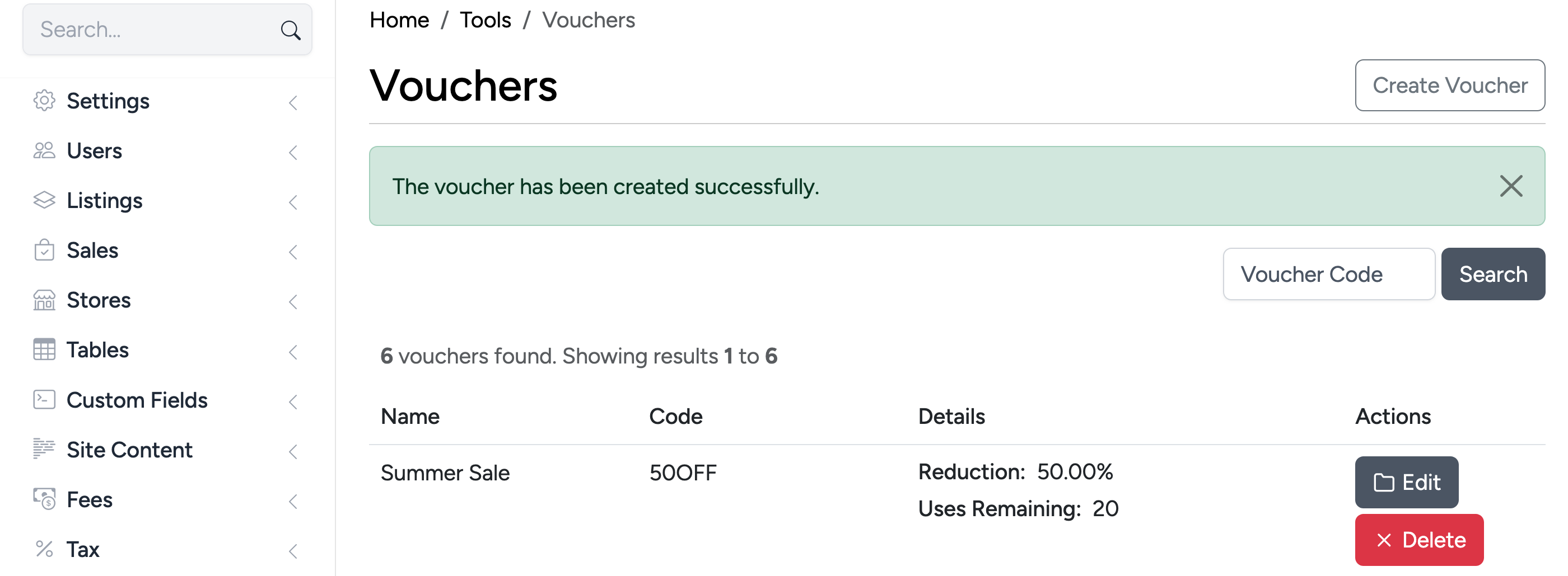 PHP Pro Bid — Admin voucher created successfully, showing the new voucher in the list