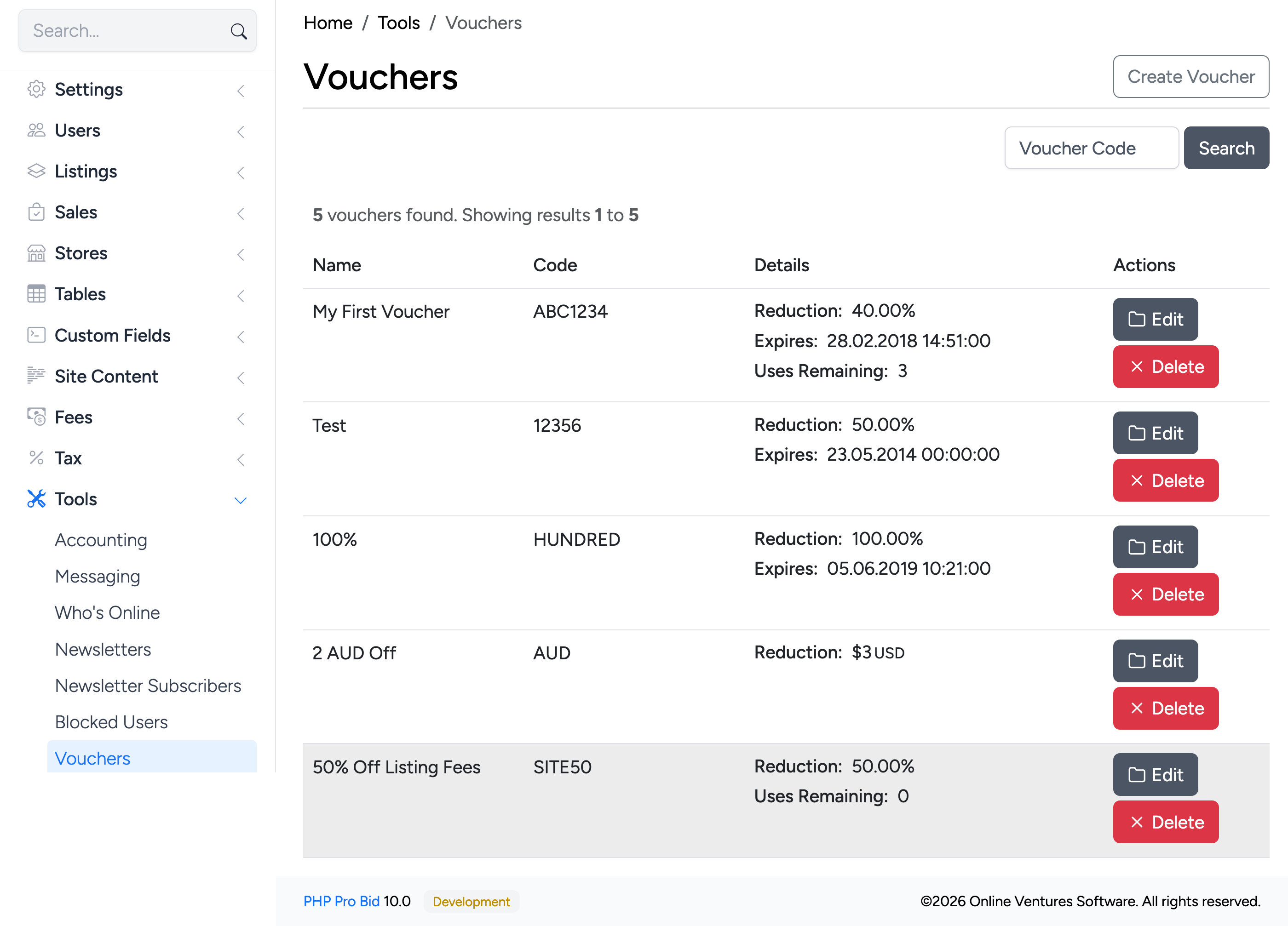 PHP Pro Bid — Admin Vouchers list showing all site-wide vouchers with Name, Code, Details, and Actions columns