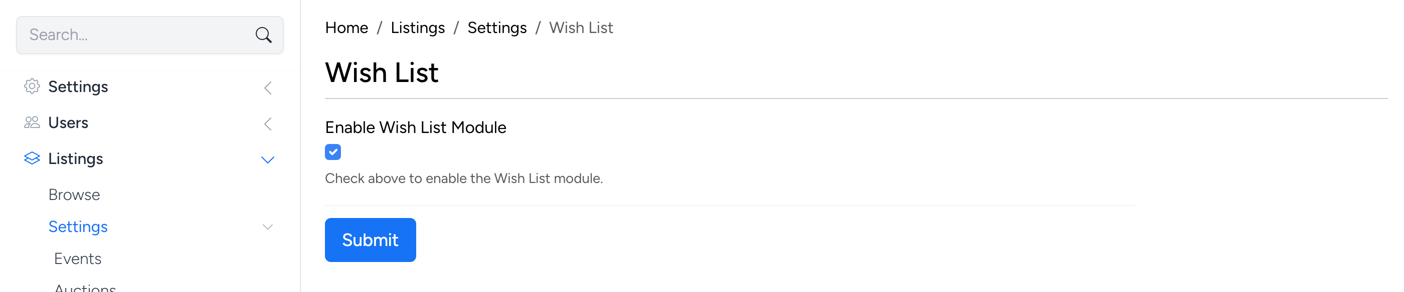 PHP Pro Bid — Full Wish List settings page in admin showing the Enable Wish List Module option with sidebar navigation