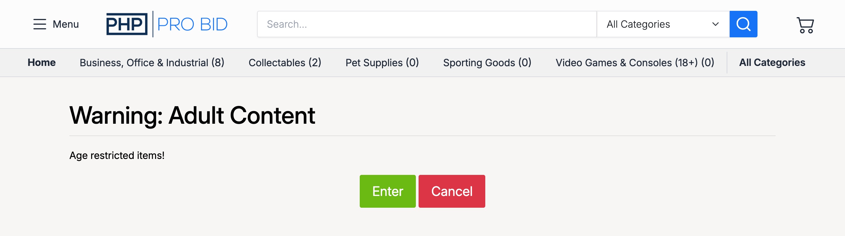 PHP Pro Bid — Adult Content warning splash page with Enter and Cancel buttons