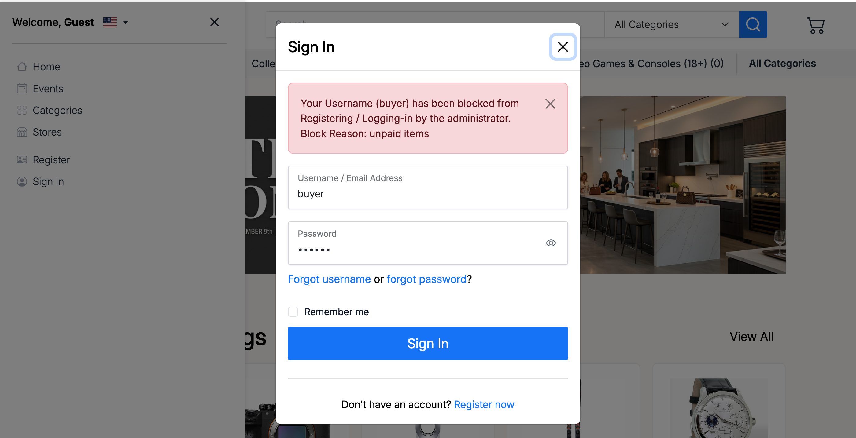 PHP Pro Bid — Sign In dialog showing a block notification message with the block reason