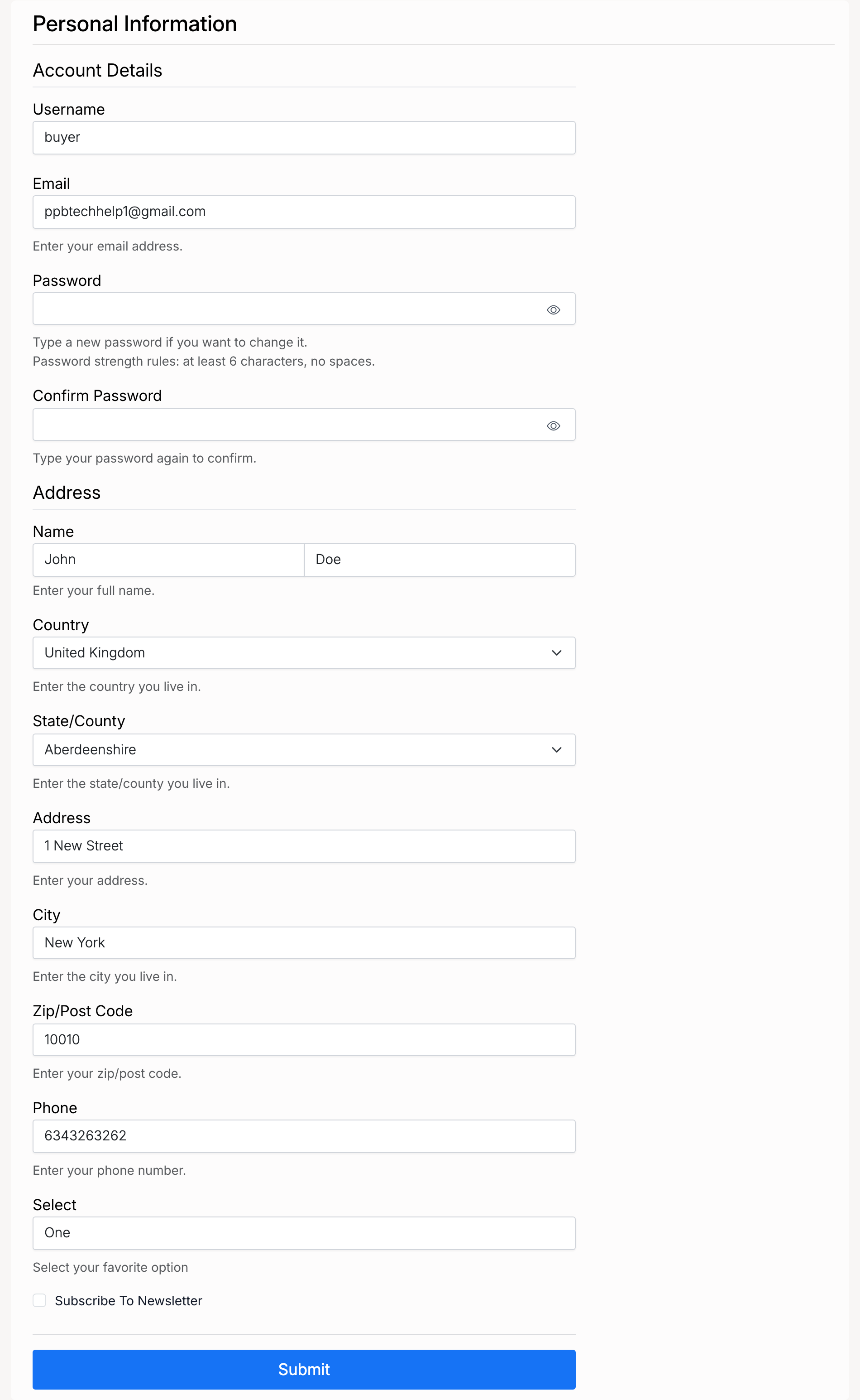 PHP Pro Bid — Personal Information page showing Account Details (username, email, password) and Address fields (name, country, state, address, city, zip, phone)