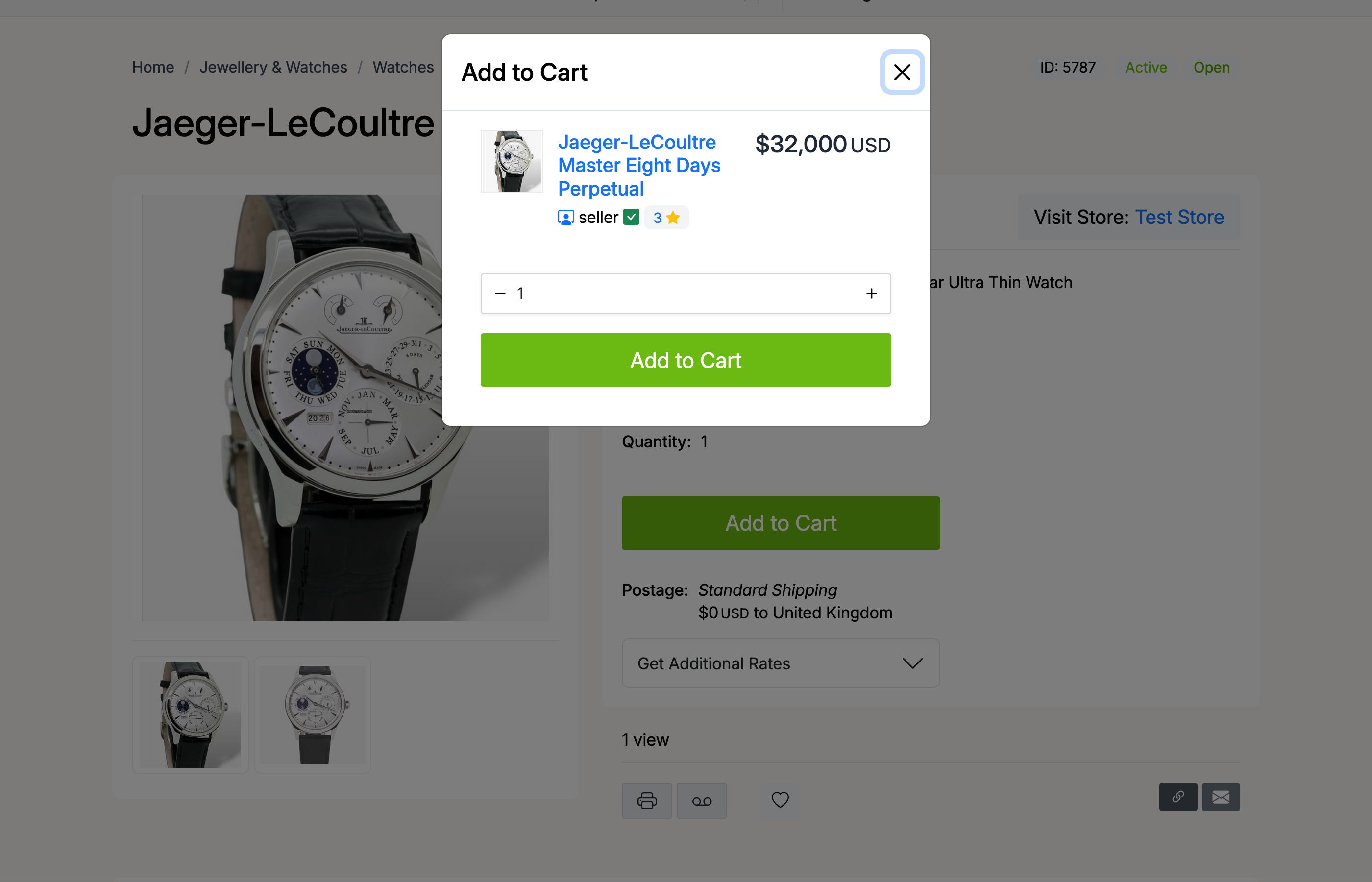 PHP Pro Bid — Add to Cart modal showing item name, price, quantity selector, and Add to Cart button