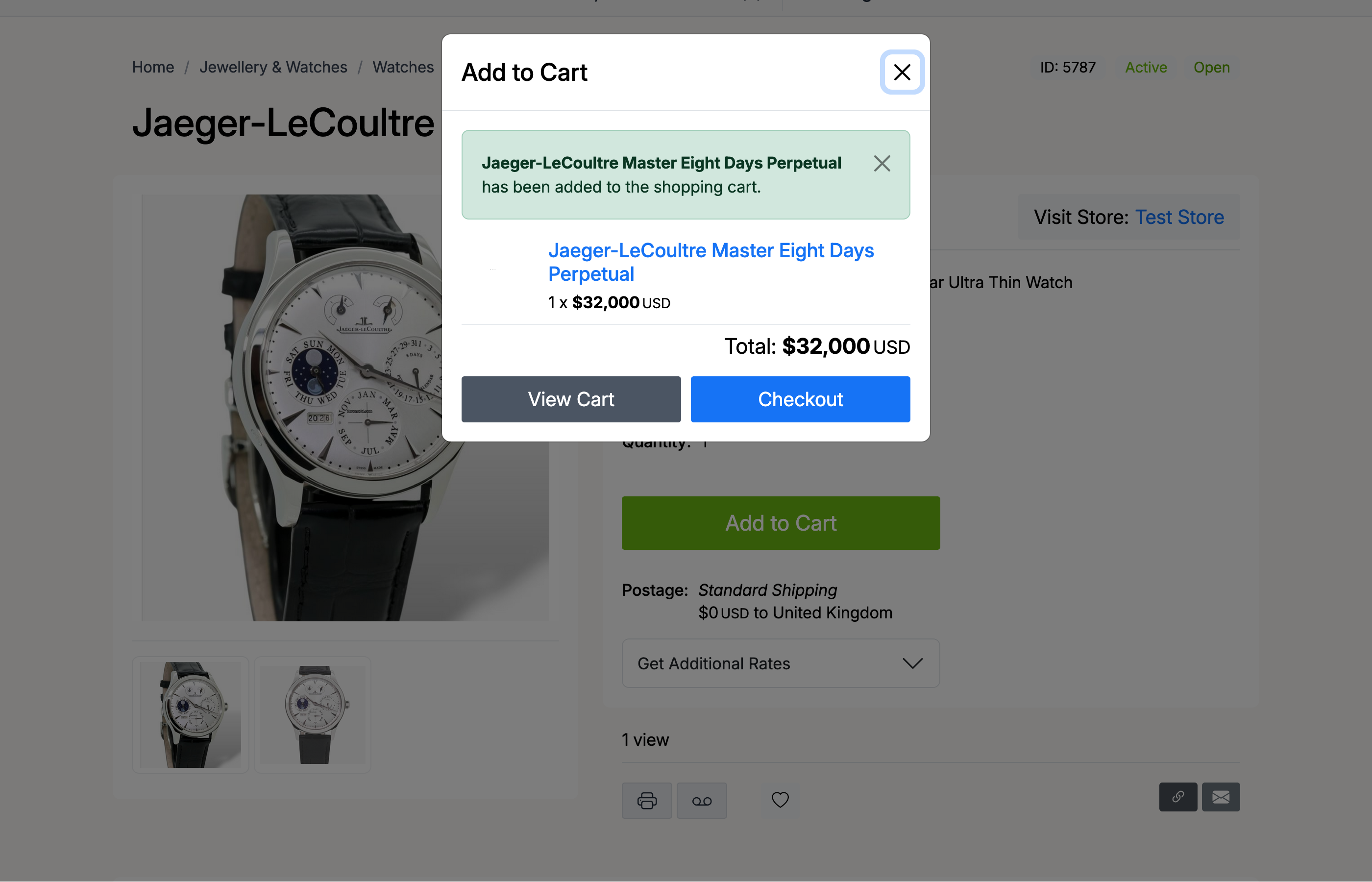 PHP Pro Bid — Item added to cart confirmation showing success message, item total, View Cart and Checkout buttons