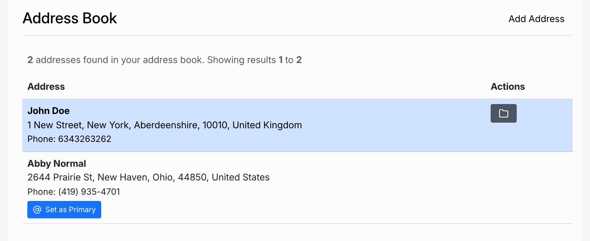 PHP Pro Bid — Address Book showing two saved addresses with name, street, city, country, and phone for each