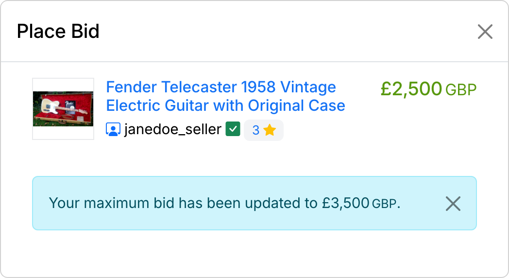 PHP Pro Bid — Bid confirmation message showing successful bid