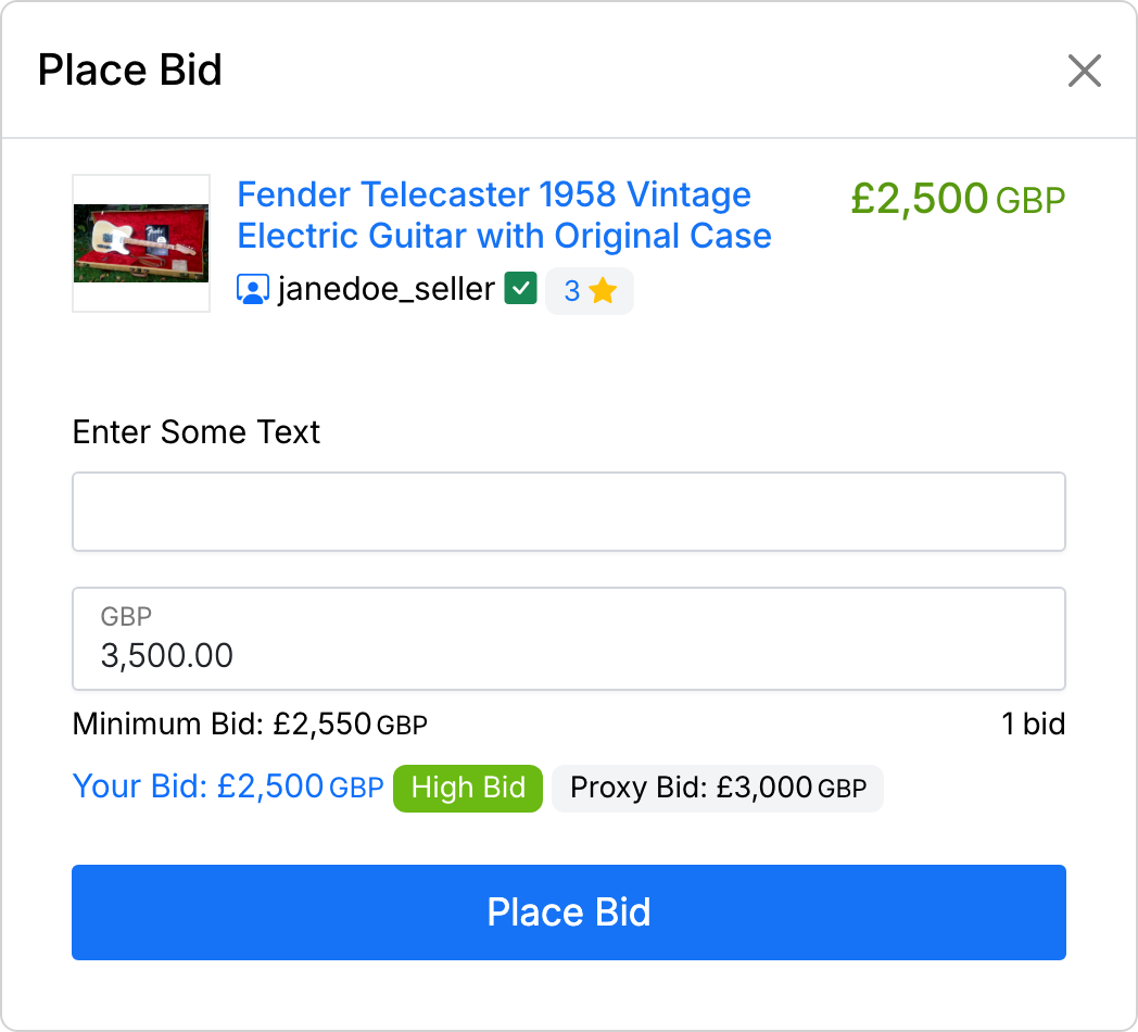 PHP Pro Bid — Bid confirmation popup showing item details, bid amount, and confirm button