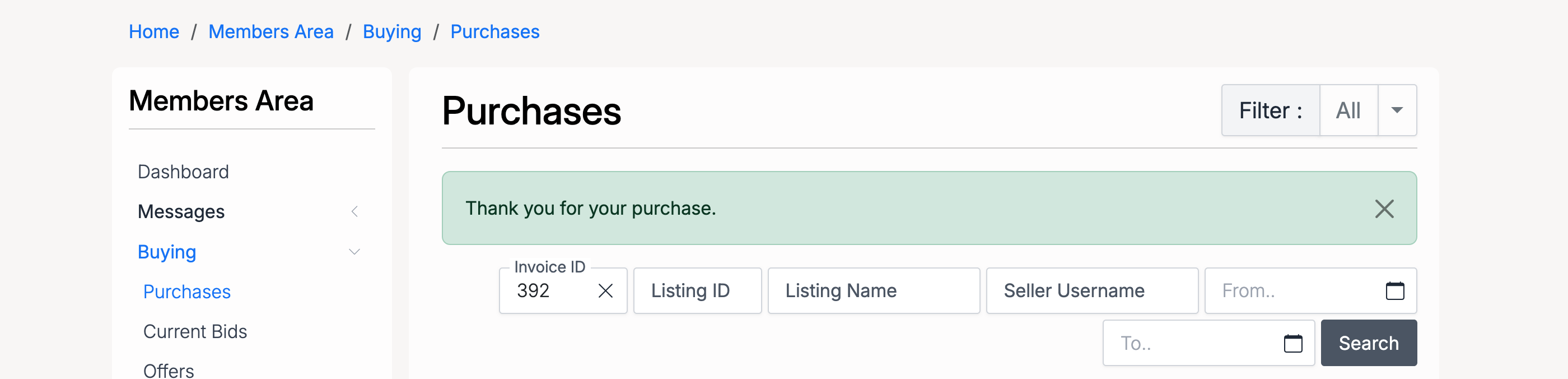 PHP Pro Bid — Purchases page showing 'Thank you for your purchase' confirmation message