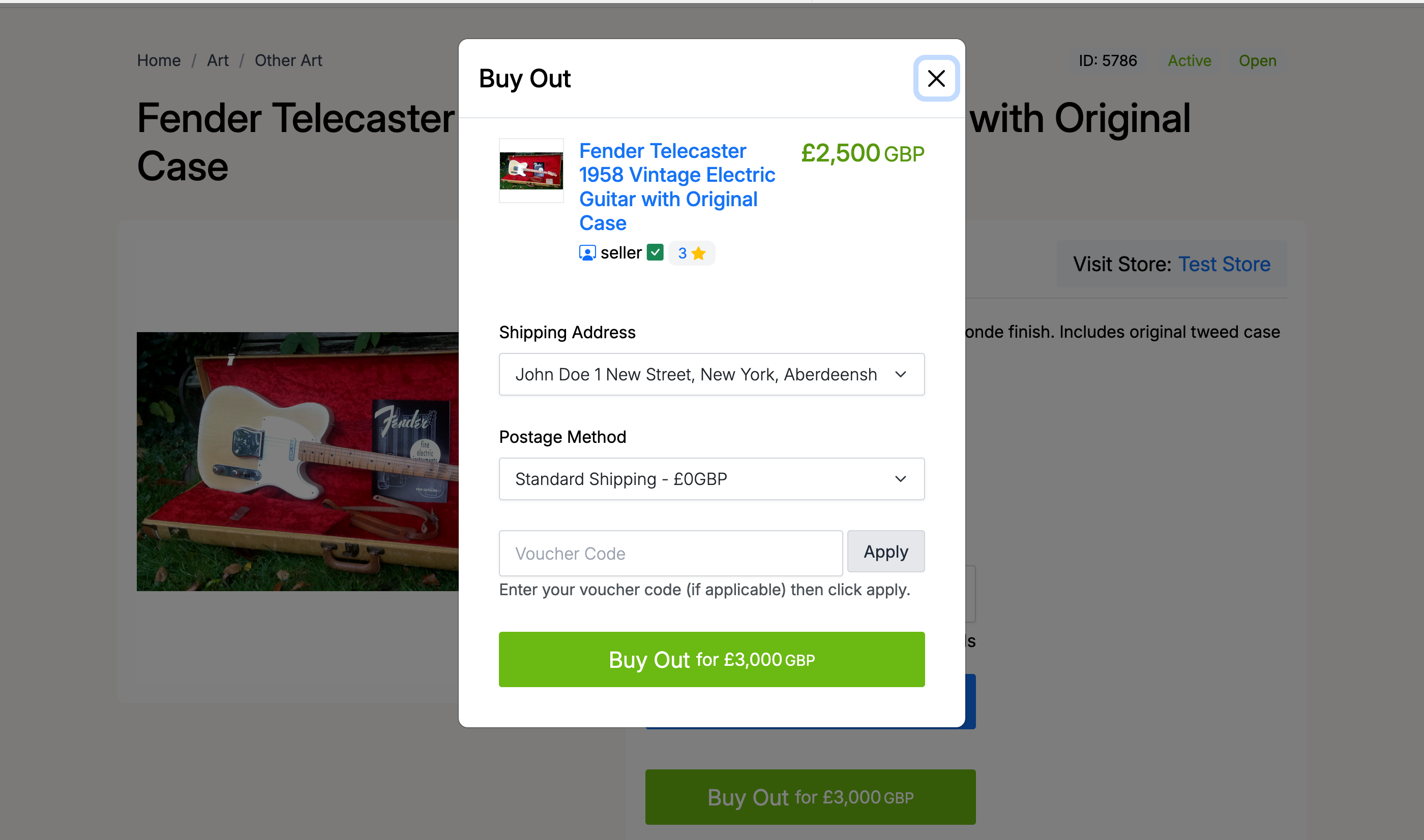 PHP Pro Bid — Buy Out confirmation modal showing item details, shipping address, postage method, voucher code, and Buy Out button