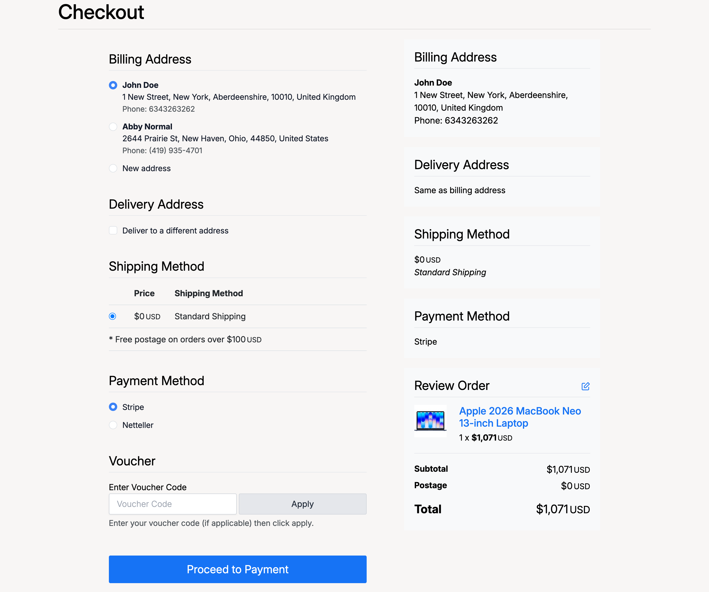 PHP Pro Bid — Checkout page showing billing address, delivery address, shipping method, payment method selection (Stripe selected), voucher code, and order summary with Proceed to Payment button