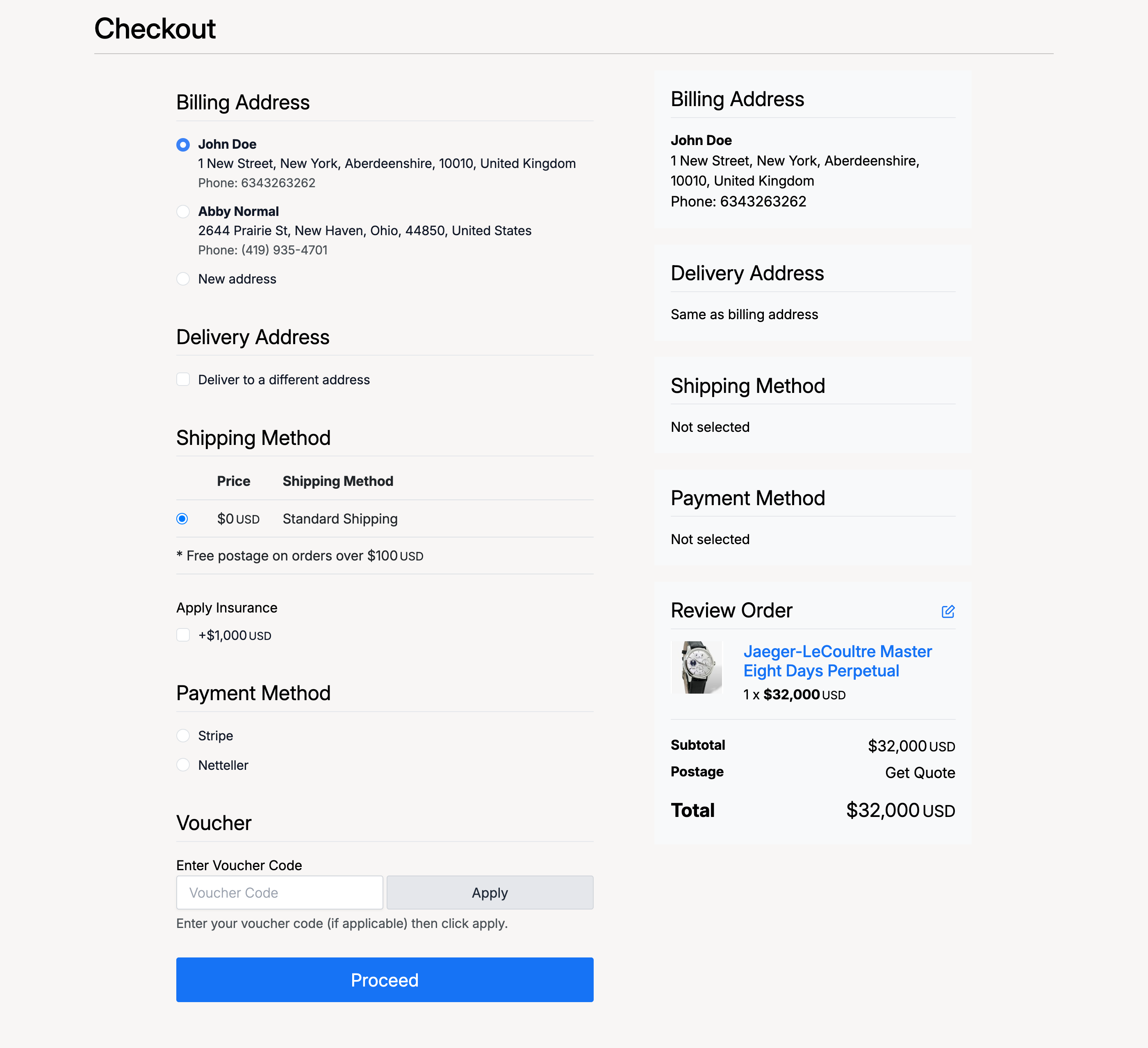 PHP Pro Bid — Checkout page with billing address, delivery address, shipping method, payment method, voucher code, and order review summary