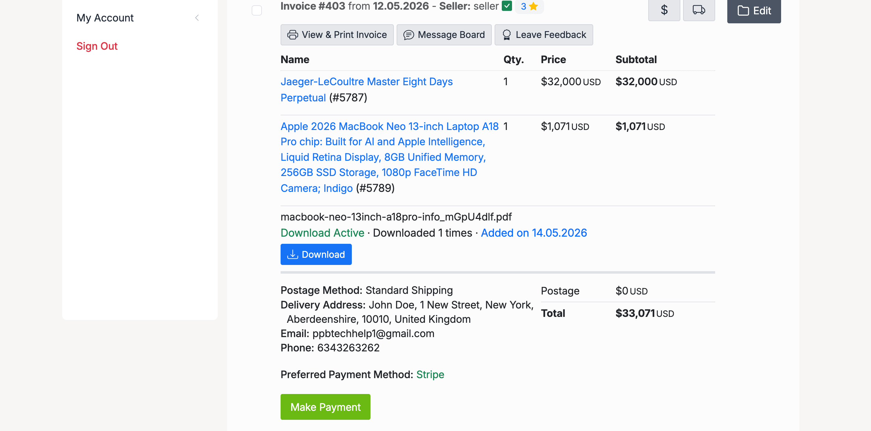 PHP Pro Bid — Buyer view of a combined invoice showing two items, delivery address, postage, total, and Make Payment button