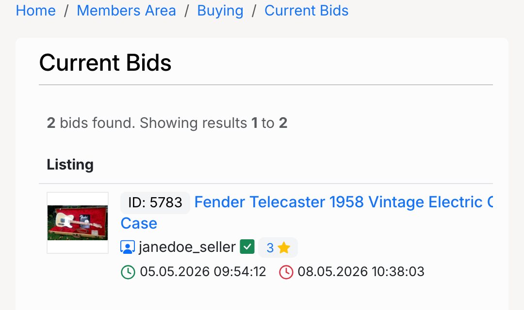 PHP Pro Bid — Current Bids page showing active bids