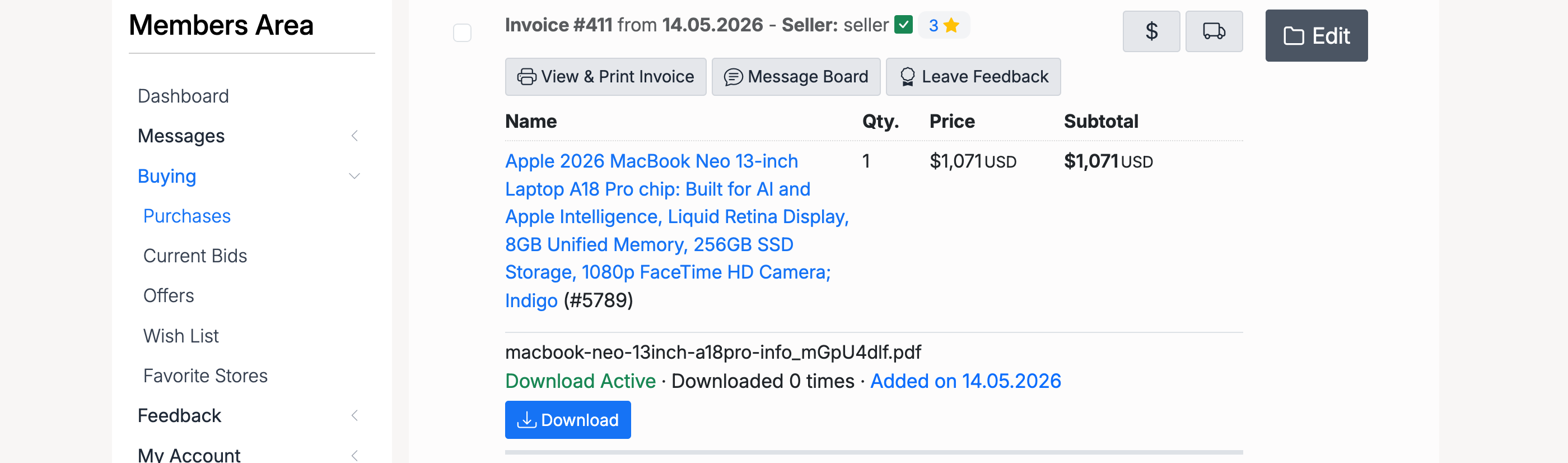 PHP Pro Bid — Buyer purchases page showing the Download button for an activated digital download