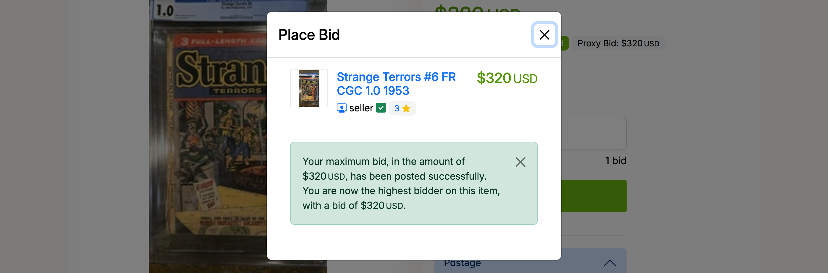 PHP Pro Bid — Place Bid modal showing bid posted successfully, confirming highest bidder status