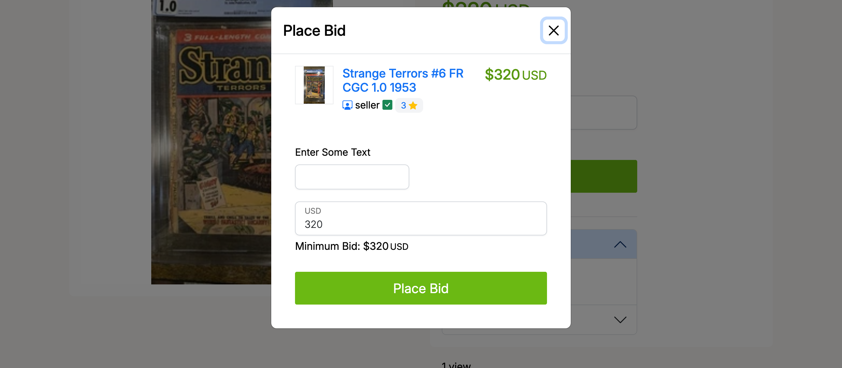 PHP Pro Bid — Place Bid modal for an event lot showing item details, bid amount field, minimum bid, and Place Bid button