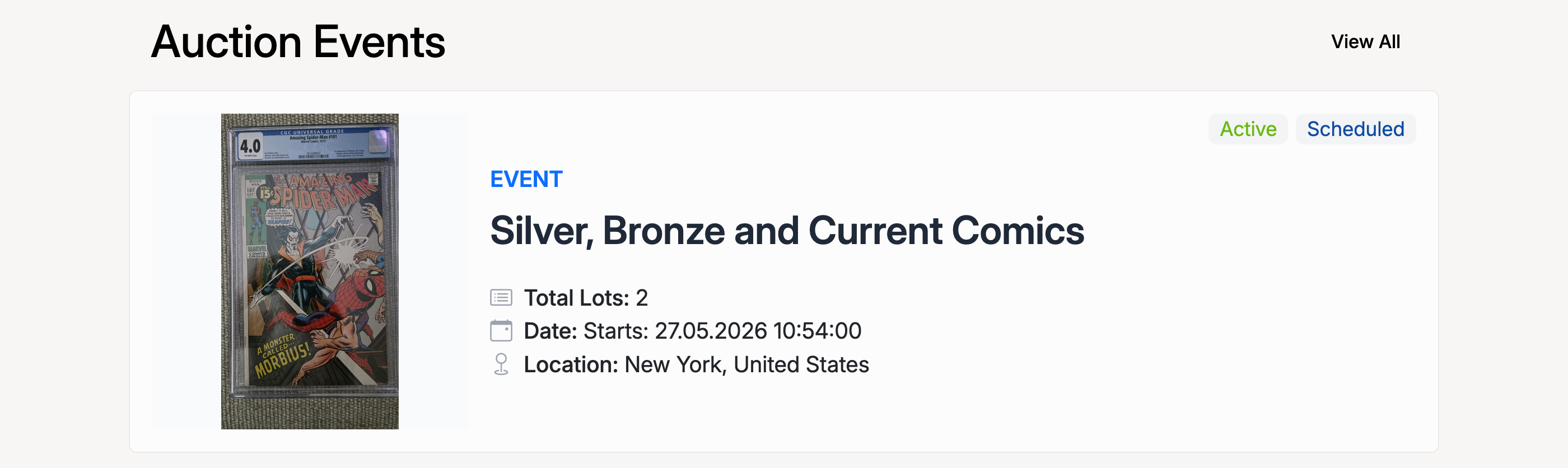 PHP Pro Bid — Homepage Auction Events section showing a scheduled event with thumbnail, title, lot count, date, and location