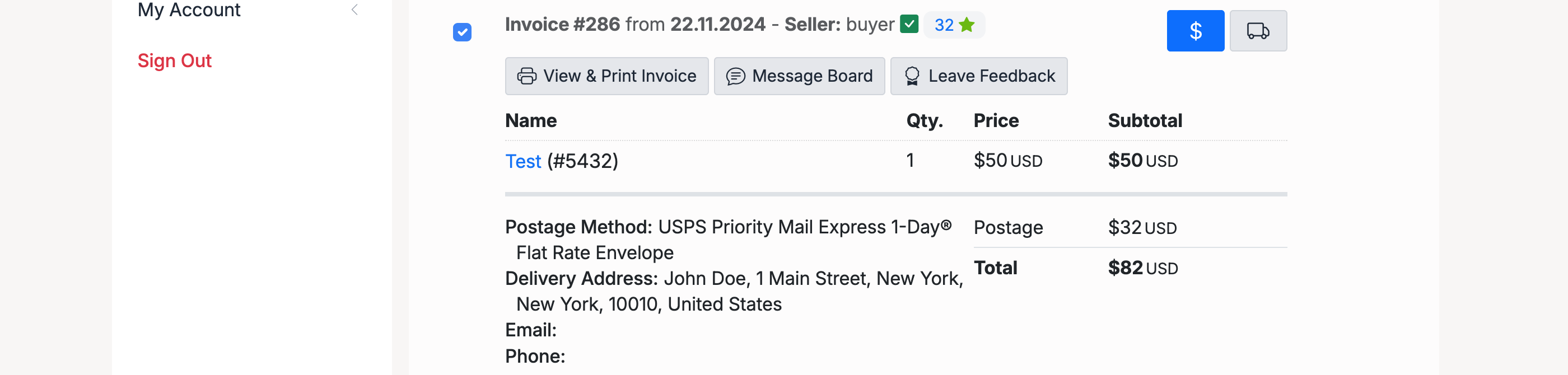 PHP Pro Bid — Buyer invoice view showing invoice number, seller name, item details, postage method, delivery address, and total