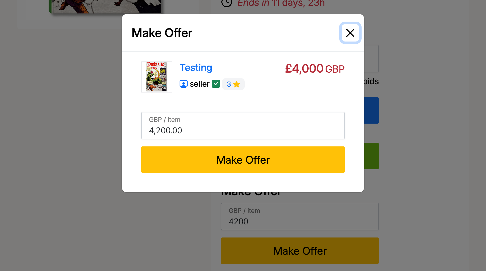 PHP Pro Bid — Make Offer confirmation popup showing item thumbnail, title, price, and offer amount with confirm button