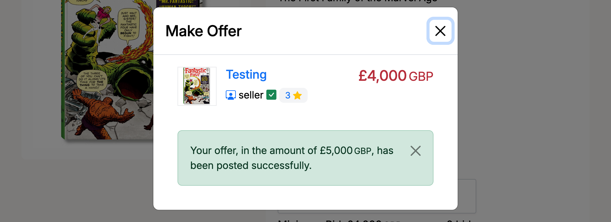 PHP Pro Bid — Make Offer success message showing the offer has been posted successfully