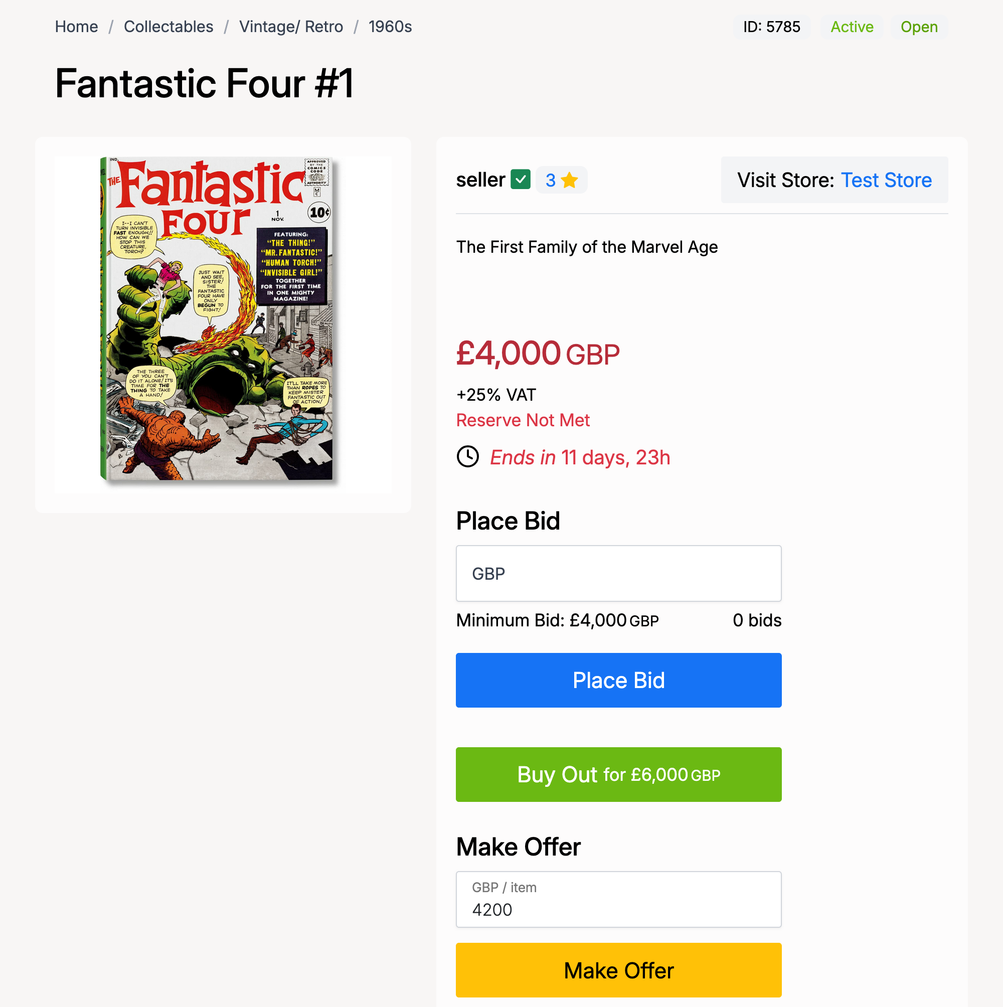 PHP Pro Bid — Listing page showing the Make Offer field below the Place Bid and Buy Out buttons