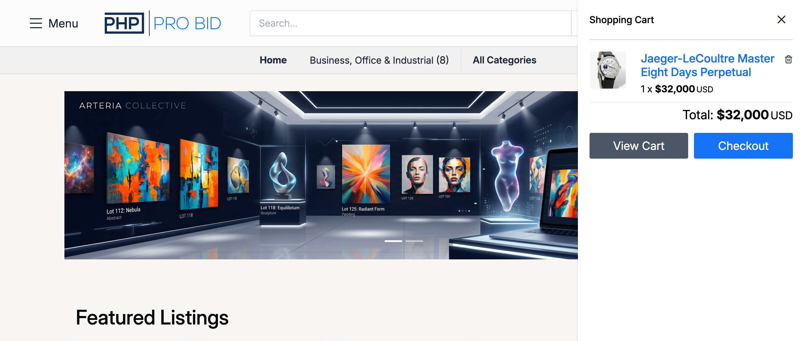 PHP Pro Bid — Mini cart sidebar dropdown showing cart item, total, and View Cart / Checkout buttons
