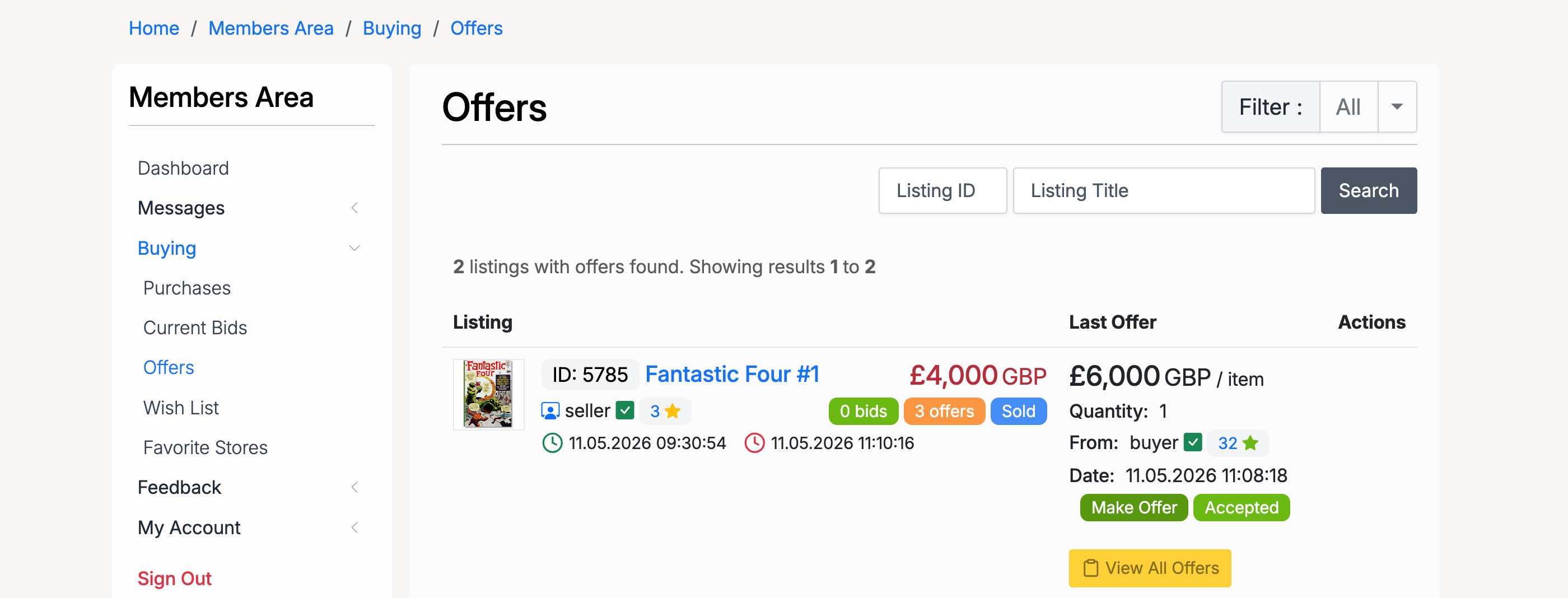PHP Pro Bid — Buyer offers page showing accepted offer with Sold badge