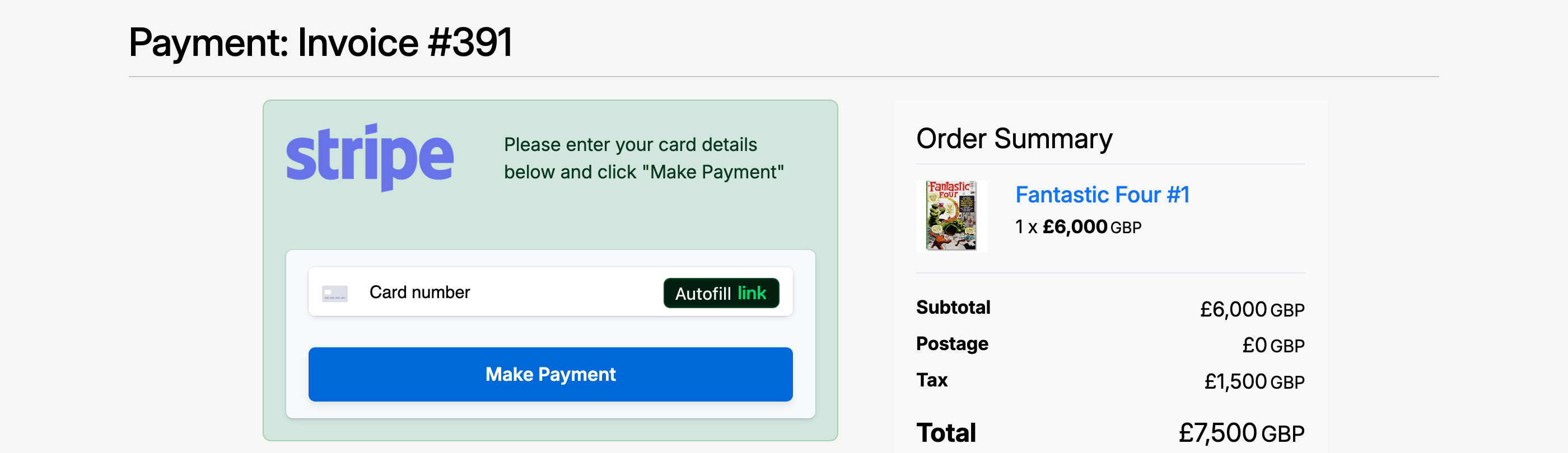 PHP Pro Bid — Payment page showing Stripe checkout with order summary, subtotal, postage, tax, and total