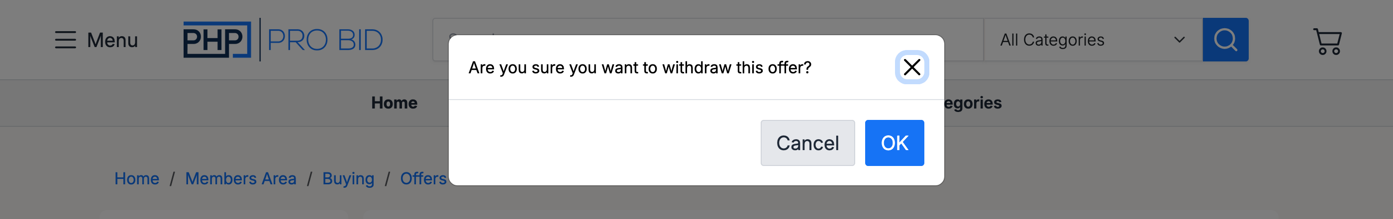 PHP Pro Bid — Withdraw offer confirmation popup