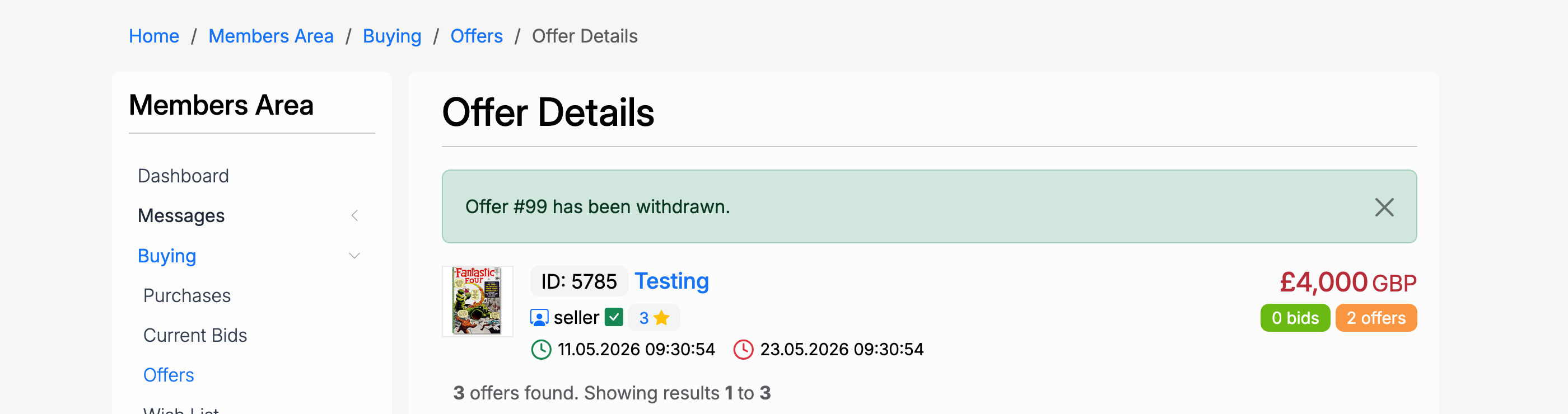 PHP Pro Bid — Offer withdrawn success message