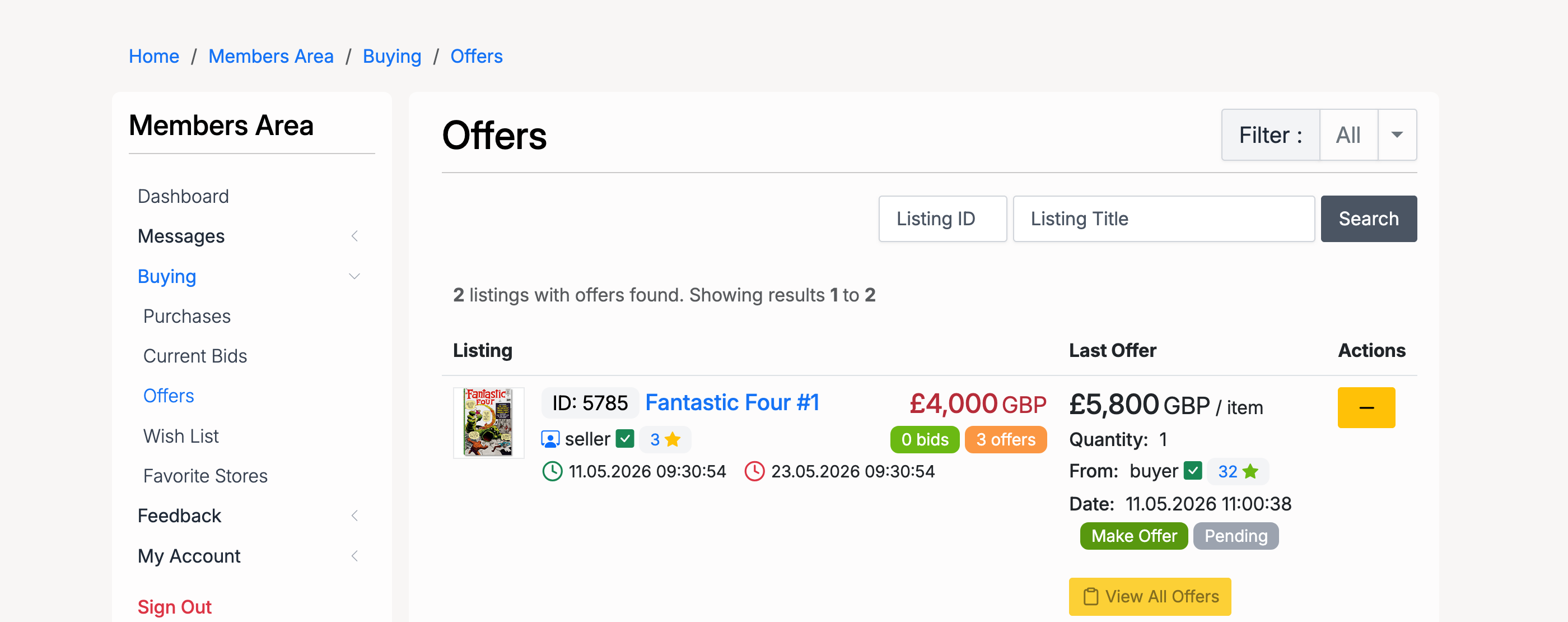 PHP Pro Bid — Buyer offers page showing listings with pending offers, last offer amount, status badges, and action buttons