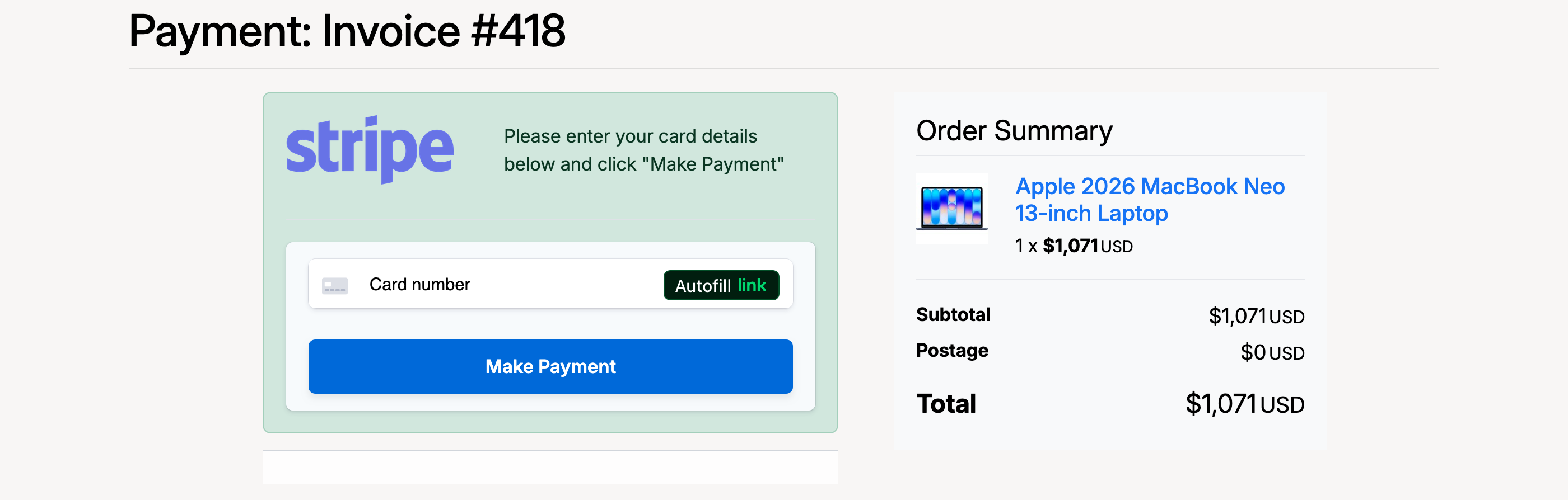 PHP Pro Bid — Stripe payment page showing invoice number, card number field, order summary with item details, and Make Payment button