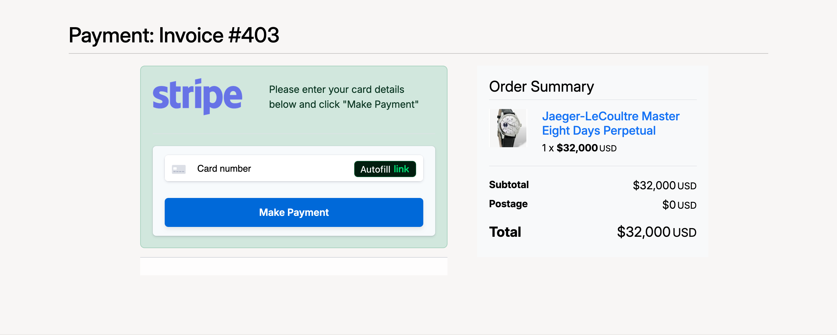 PHP Pro Bid — Stripe payment page showing card number field, Make Payment button, and order summary with item details and total