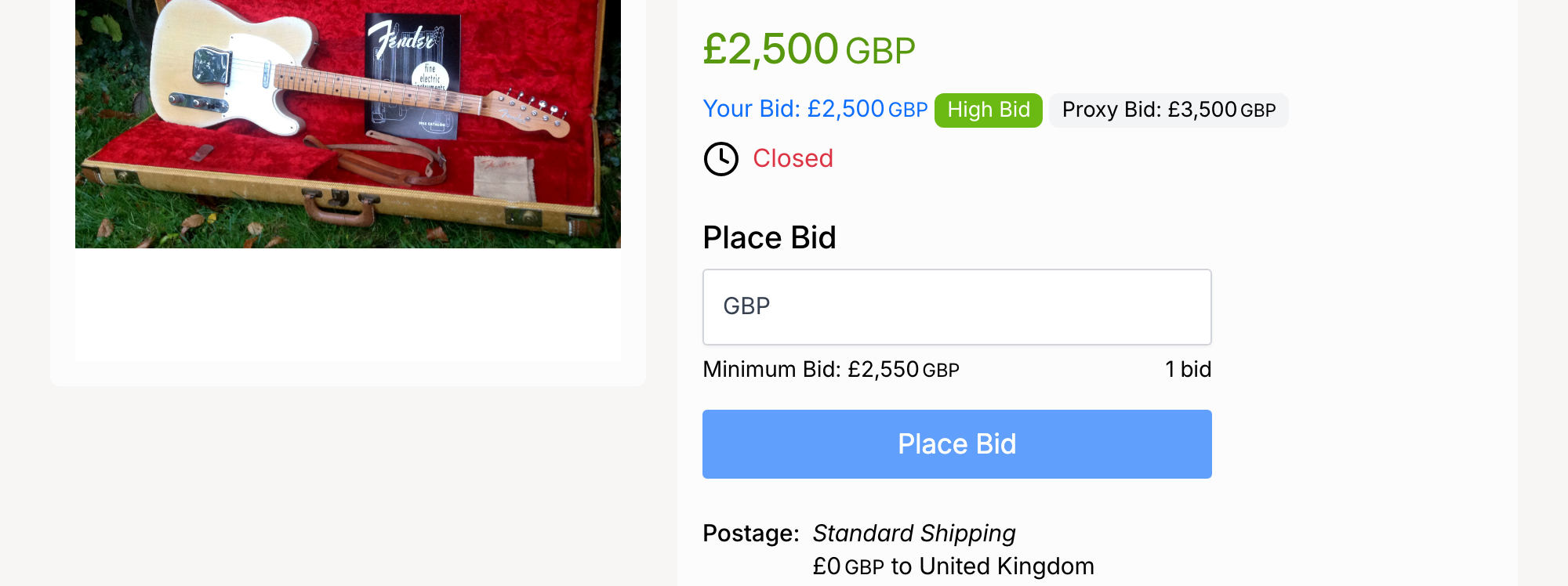 PHP Pro Bid lot page showing proxy bidding, where a bidder sets a maximum and the platform auto-increments to the lowest winning bid