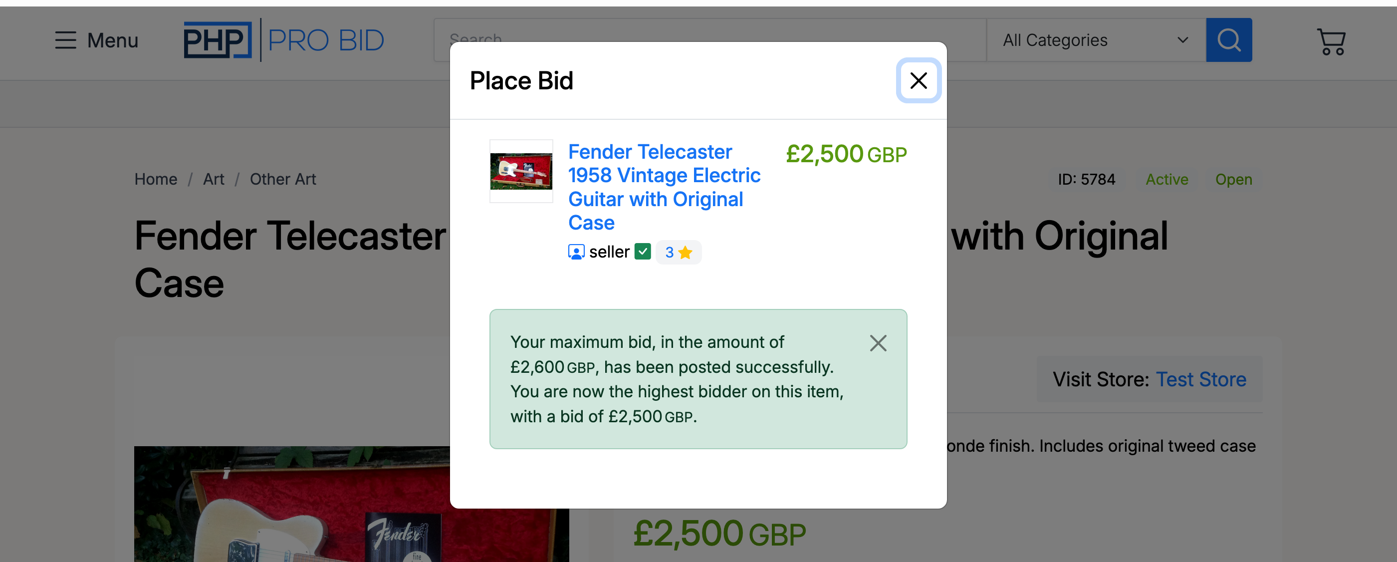 PHP Pro Bid — Bid posted successfully message showing highest bidder status