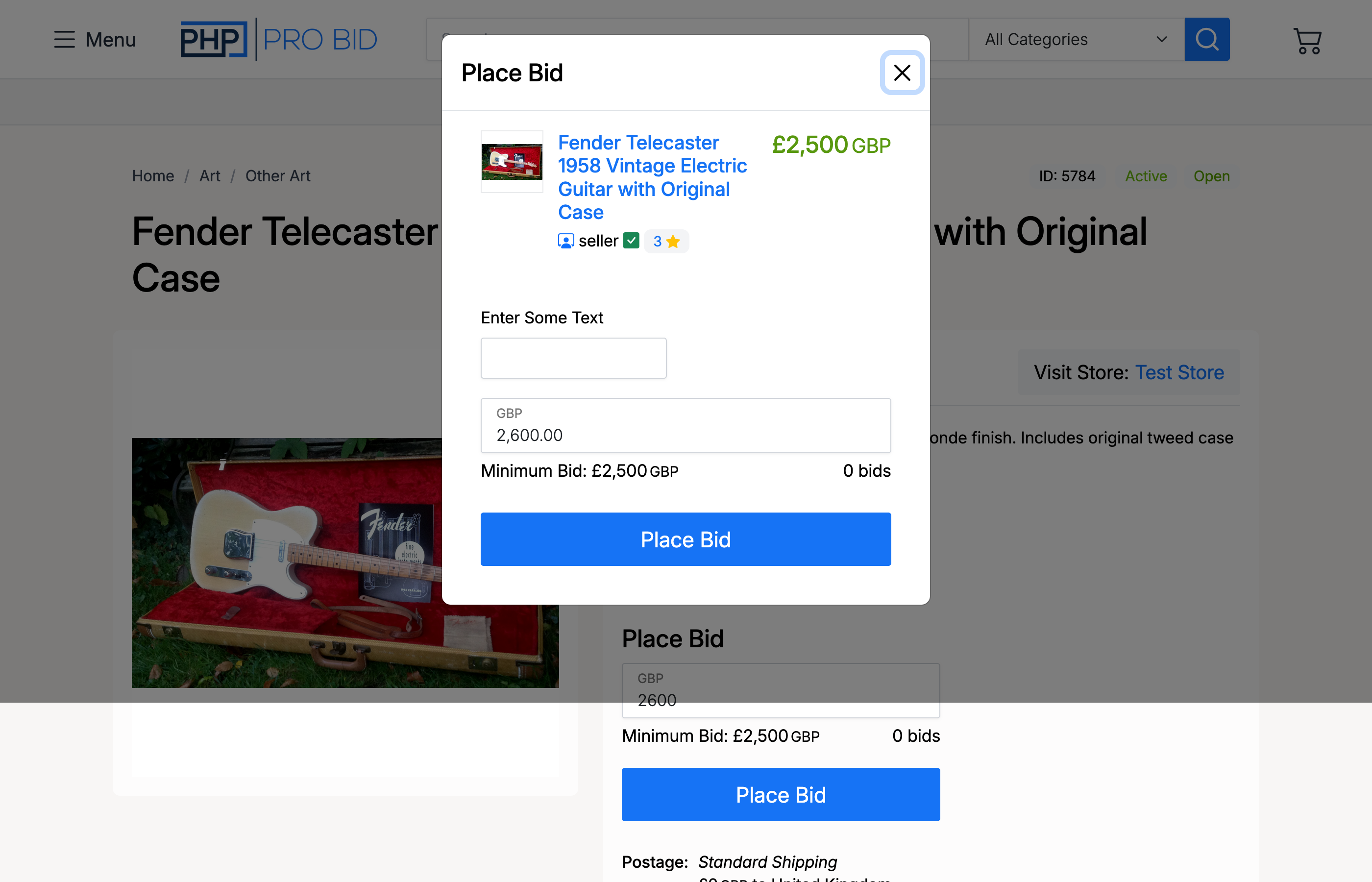 PHP Pro Bid — Bid confirmation popup showing item details and bid amount