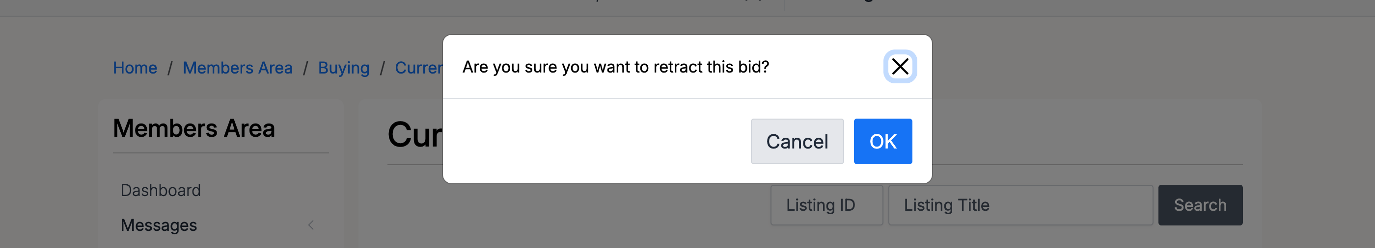 PHP Pro Bid — Retraction confirmation popup asking Are you sure you want to retract this bid