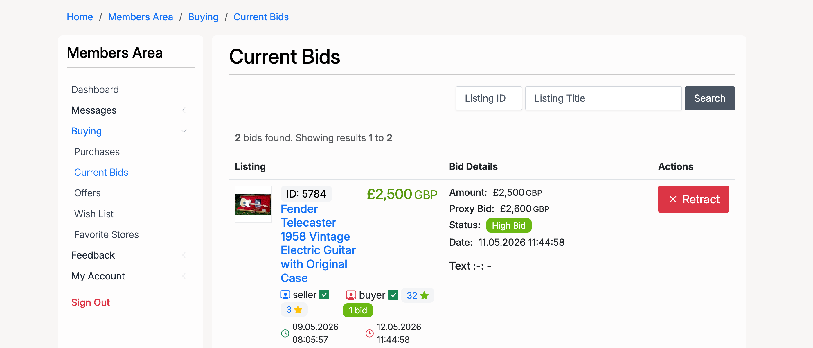 PHP Pro Bid — Current Bids page showing bid details, High Bid status, proxy bid amount, and Retract button