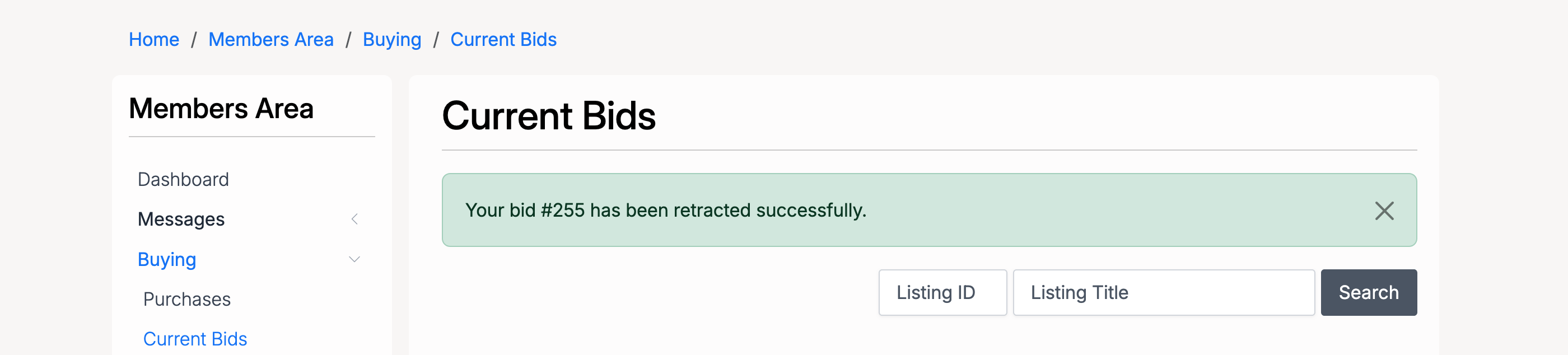 PHP Pro Bid — Bid retracted successfully message