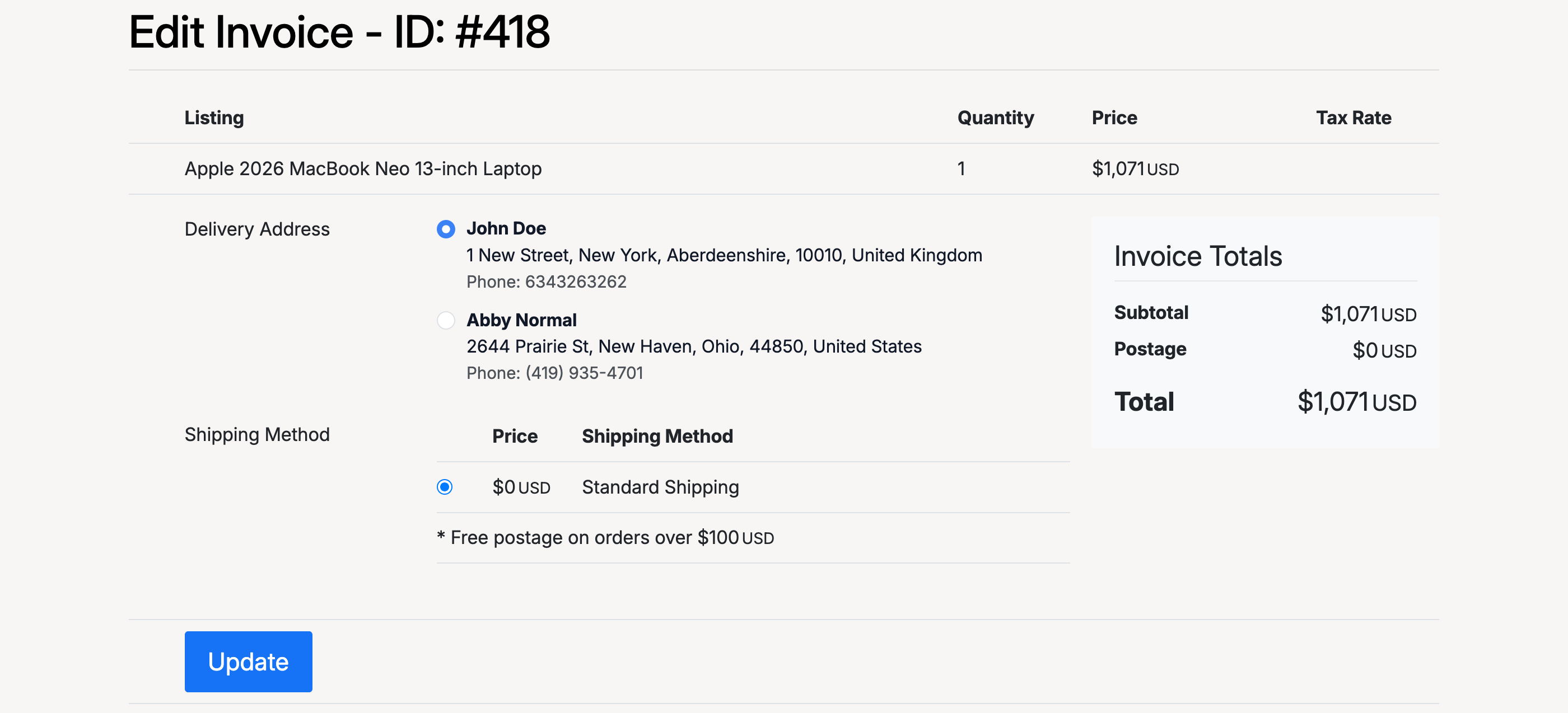 PHP Pro Bid — Edit Invoice page showing delivery address selection, shipping method options, and invoice totals