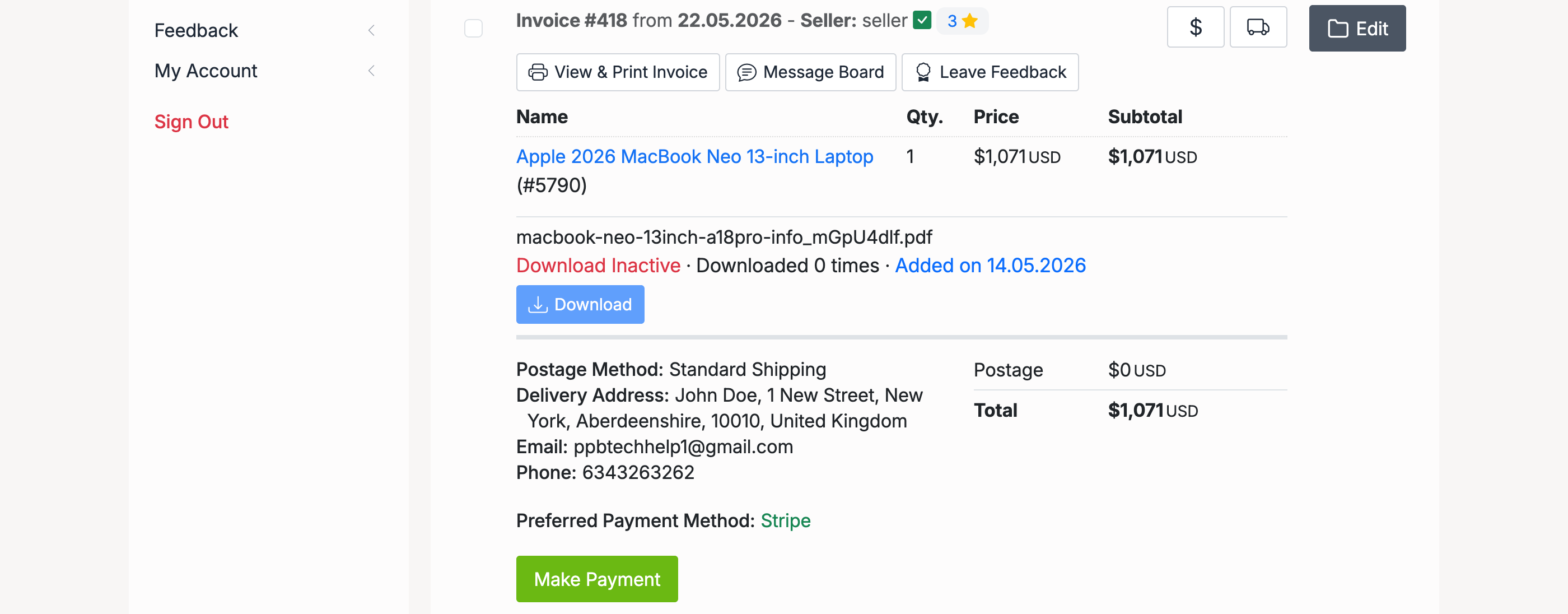 PHP Pro Bid — Purchases page showing an unpaid invoice with postage method, delivery address, and Make Payment button