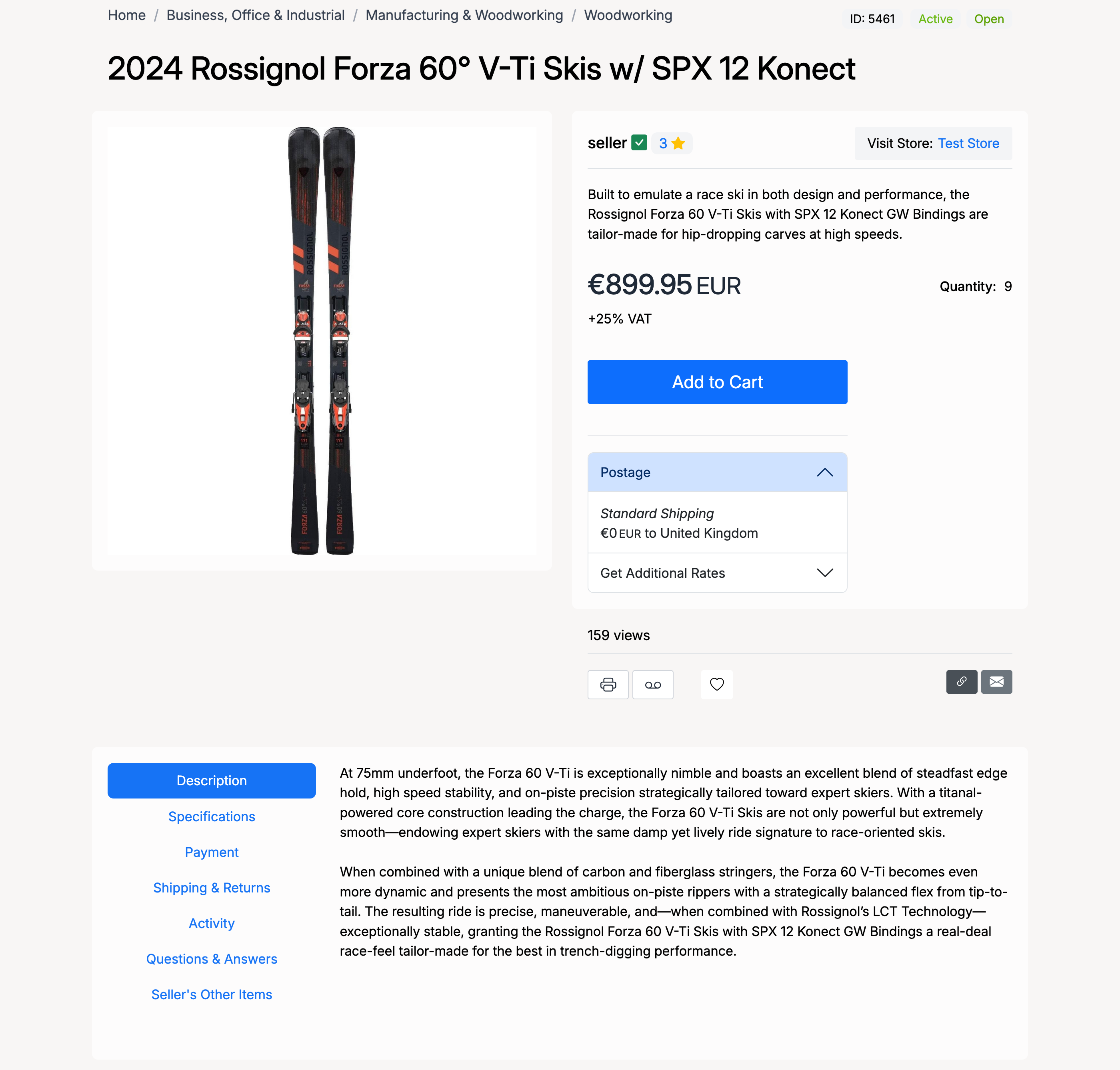 PHP Pro Bid — Listing page showing the Postage section with Standard Shipping rate and delivery location