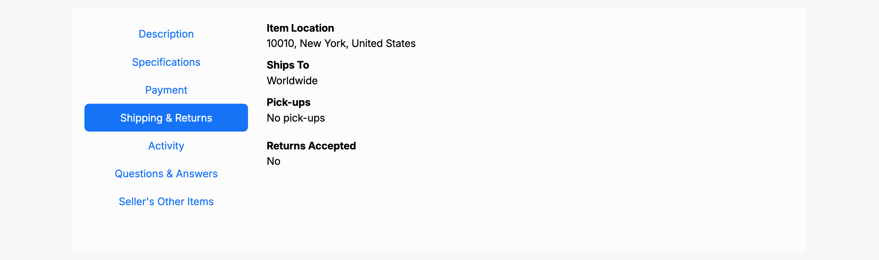 PHP Pro Bid — Shipping & Returns tab showing Item Location, Ships To, Pick-ups, and Returns Accepted fields
