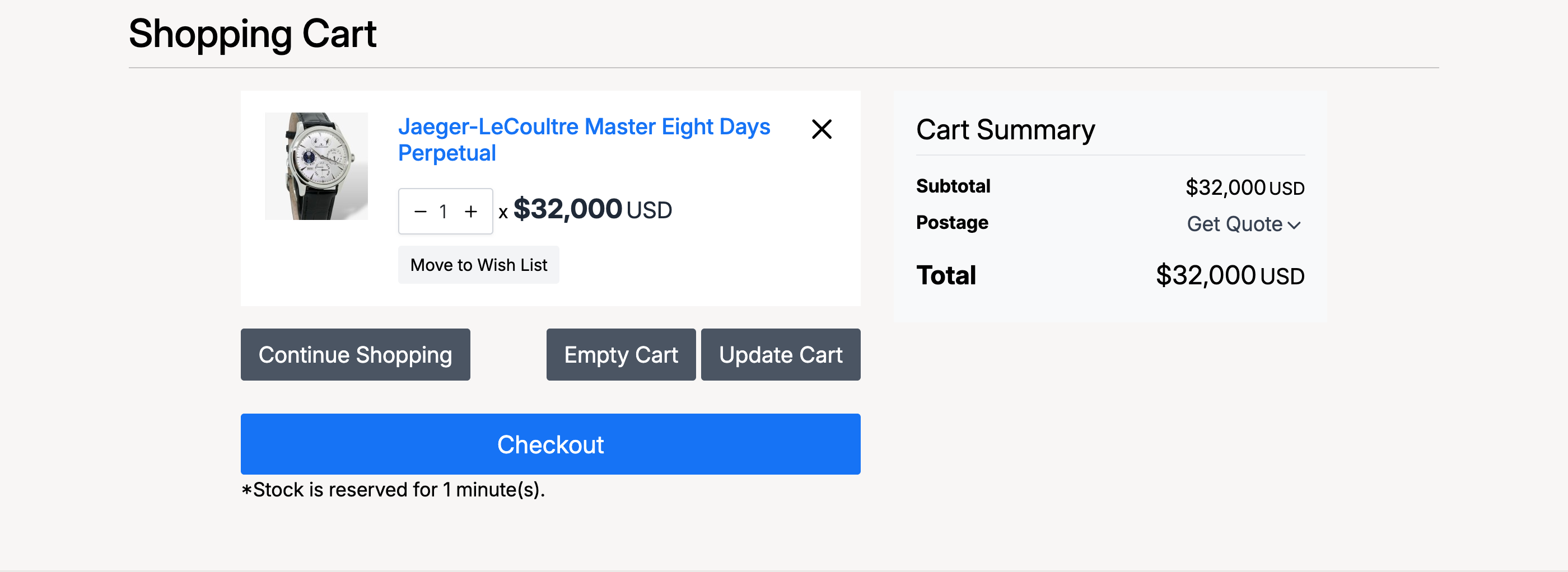 PHP Pro Bid — Shopping Cart page showing item with quantity controls, Cart Summary with subtotal and total, and action buttons
