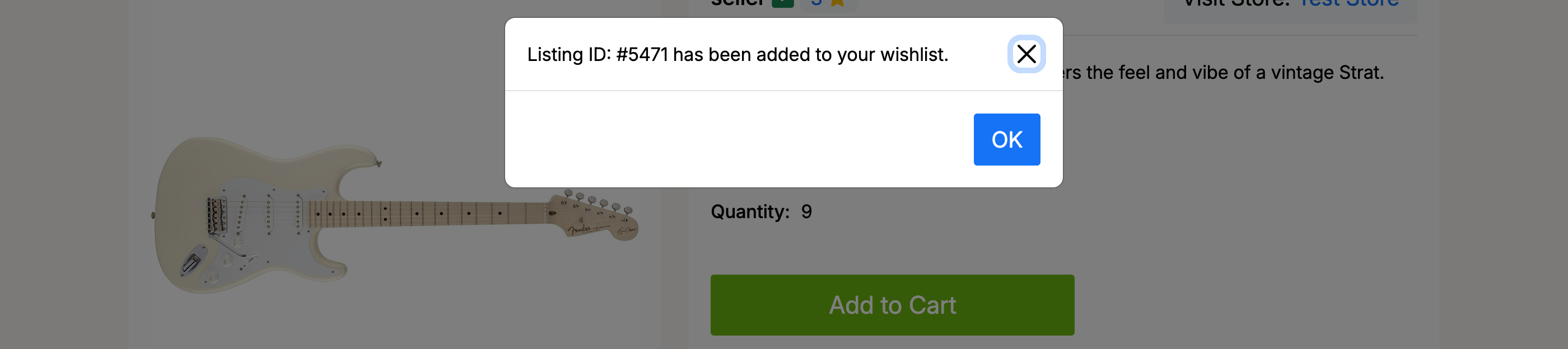 PHP Pro Bid — Confirmation dialog showing the listing has been added to your wishlist