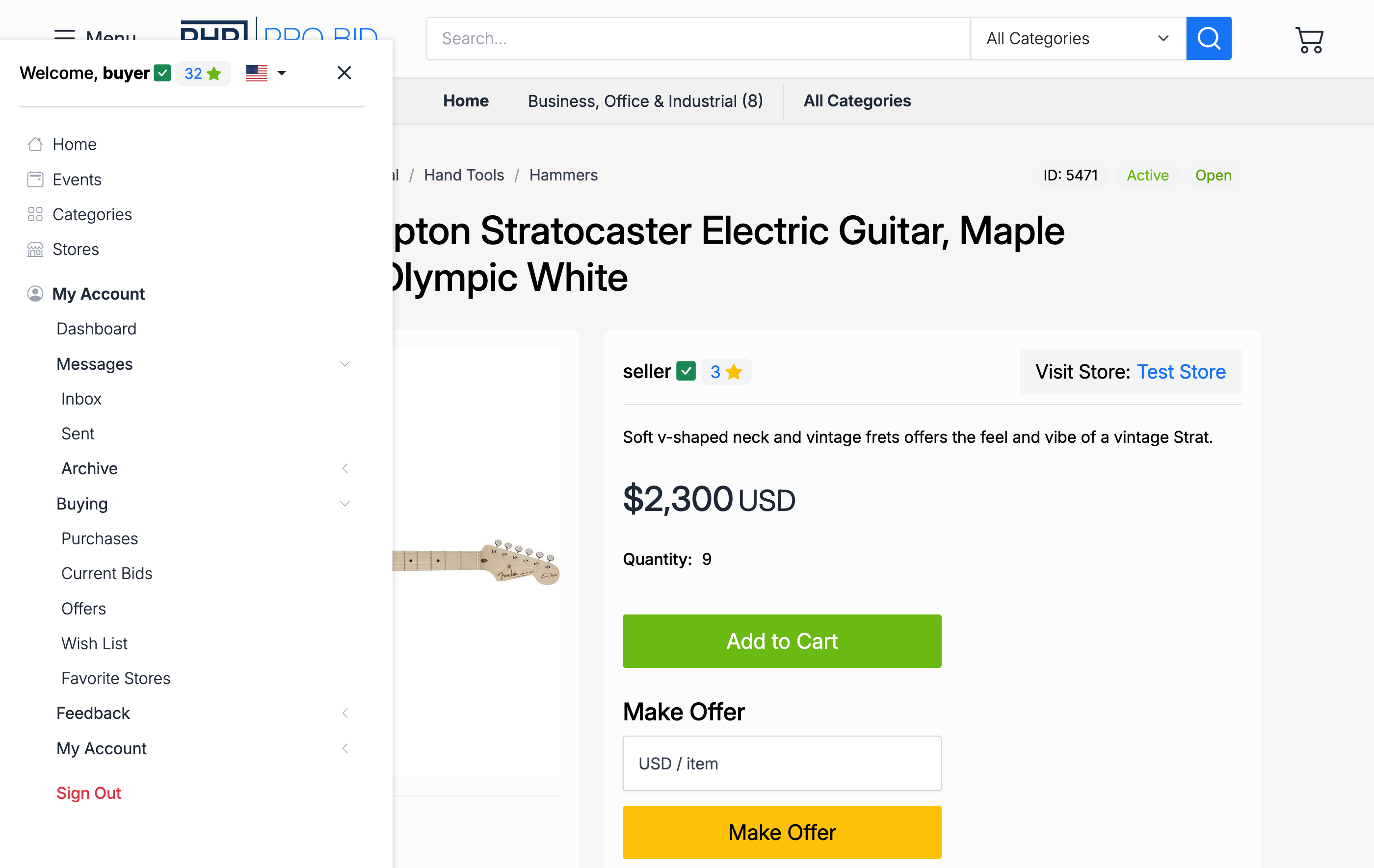 PHP Pro Bid — Members Area sidebar navigation showing Wish List under Buying