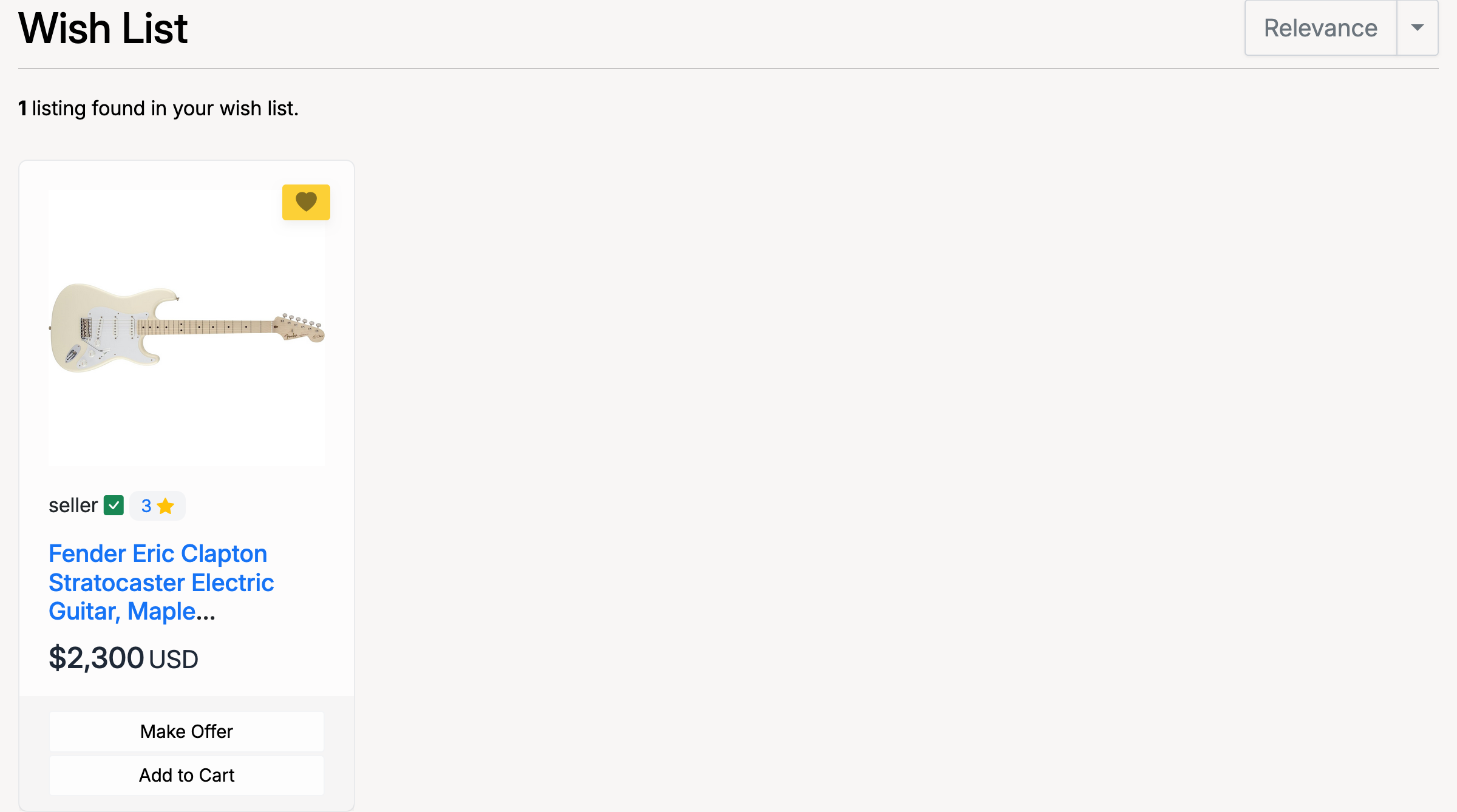 PHP Pro Bid — Wish List page showing saved listing with image, price, Make Offer, and Add to Cart buttons