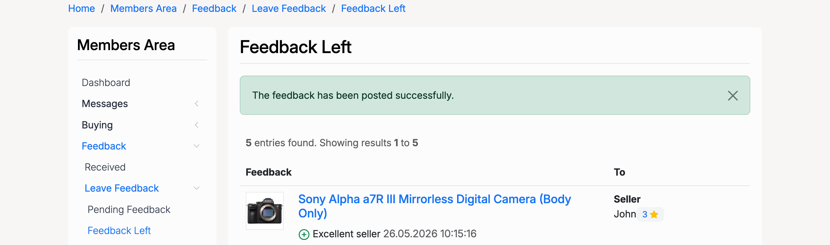 PHP Pro Bid — Feedback Left page showing confirmation message and the posted feedback with positive rating