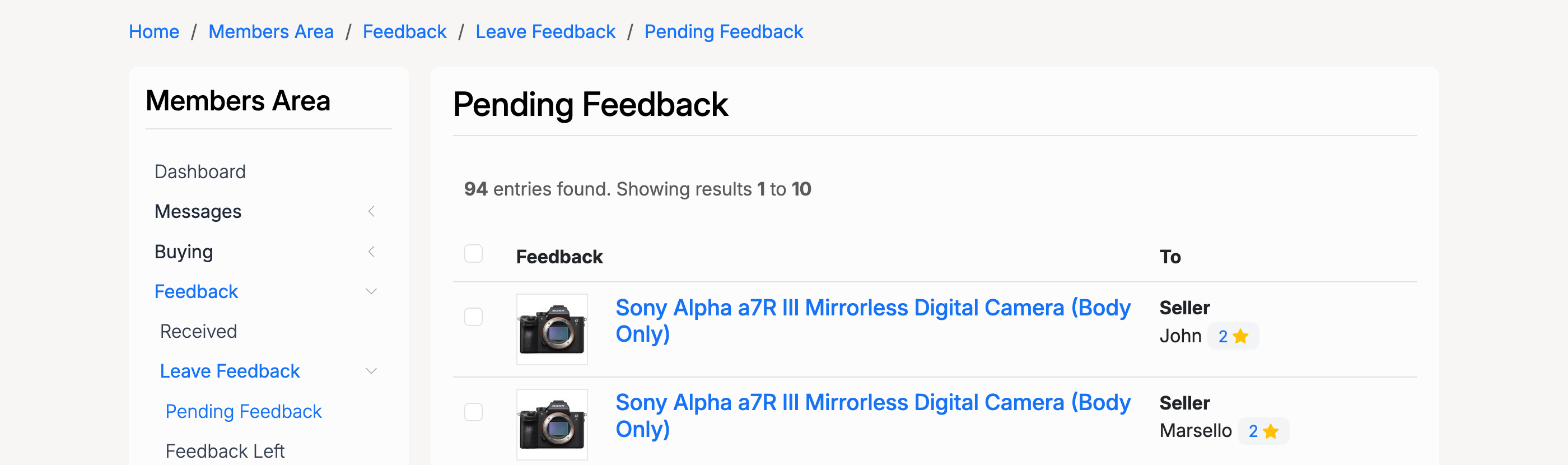 PHP Pro Bid — Pending Feedback page showing transactions awaiting feedback with listing details and seller info