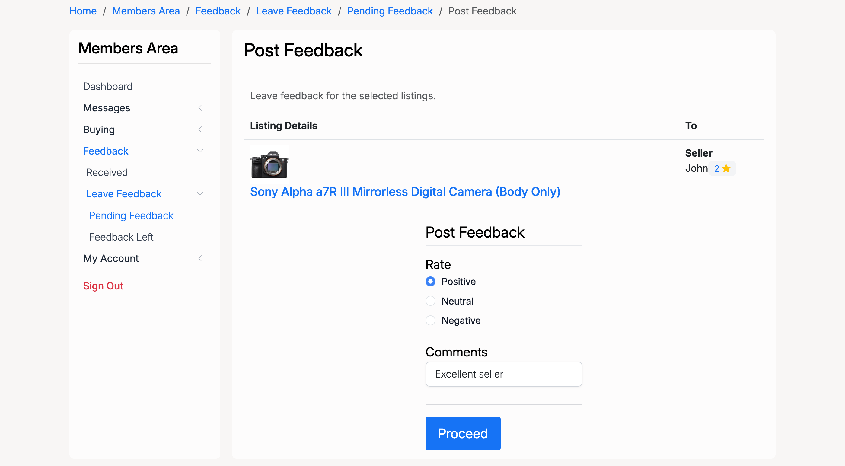 PHP Pro Bid — Post Feedback form showing listing details, Rate options (Positive, Neutral, Negative), Comments field, and Proceed button